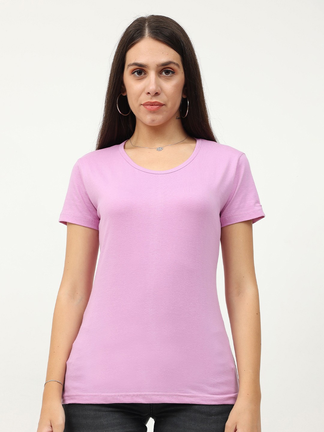 

Fleximaa Women Lavender Round Neck Solid Half Sleeve T-Shirt