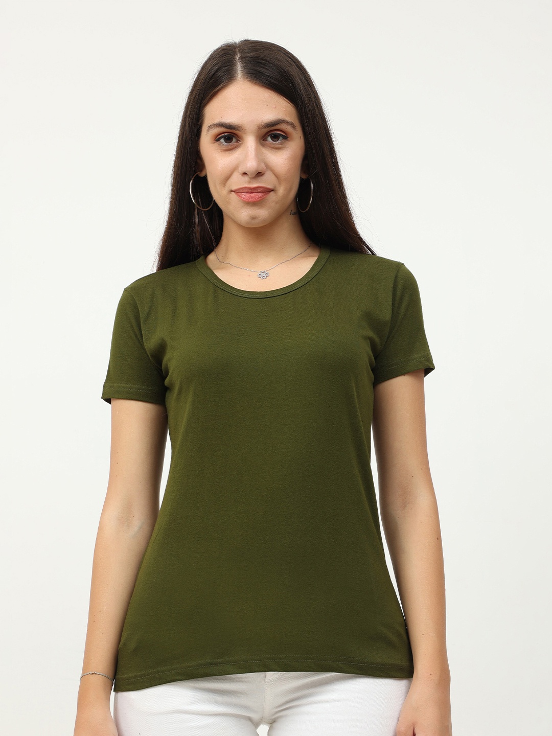 

Fleximaa Women Olive Green Military Inspired Round Neck T-shirt