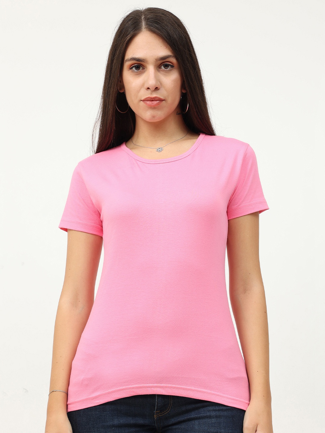 

Fleximaa Women Pink Solid Round Neck Short Sleeves T-Shirt