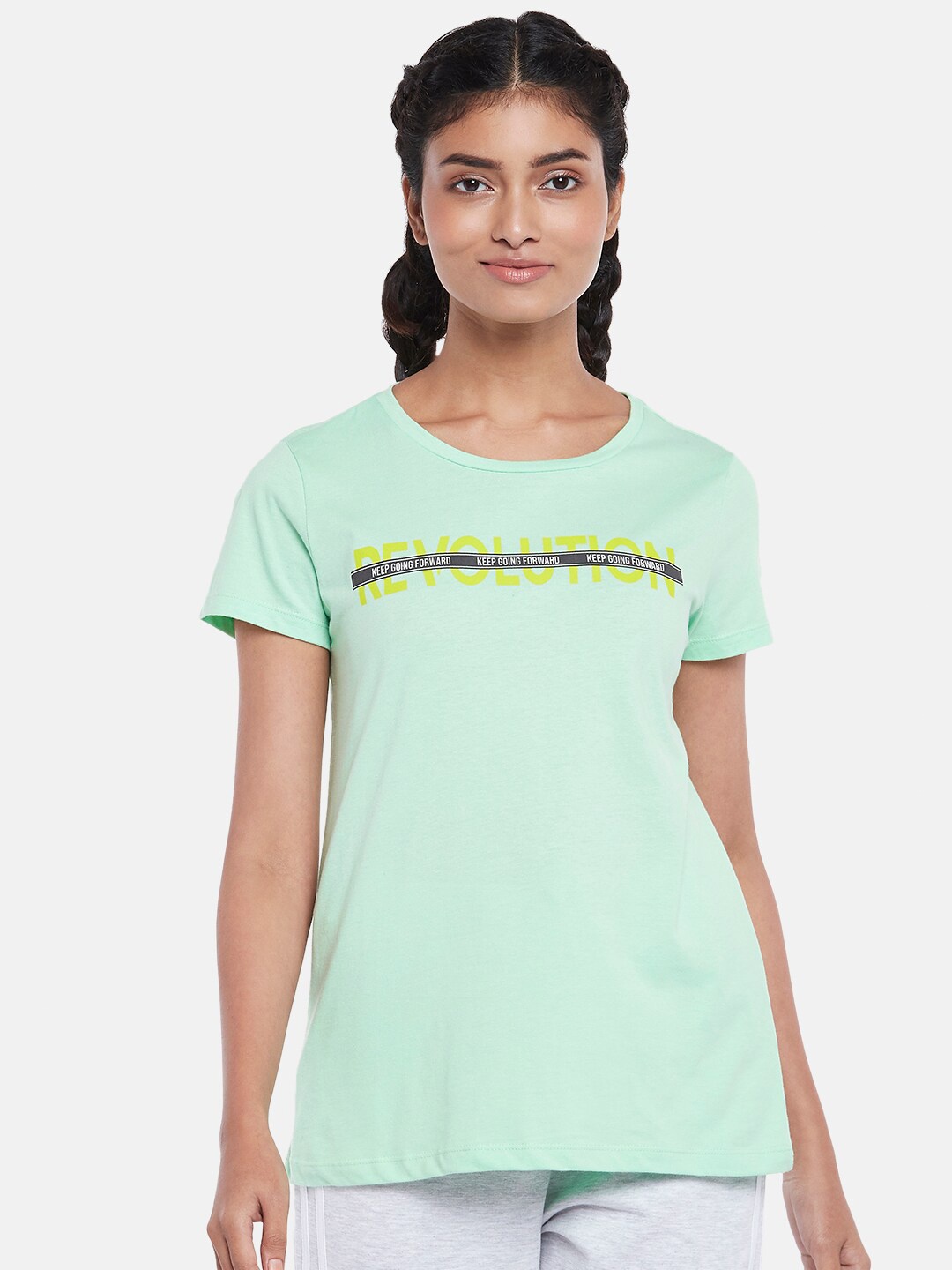 

Ajile by Pantaloons Women Green Typography Printed Cotton T-shirt