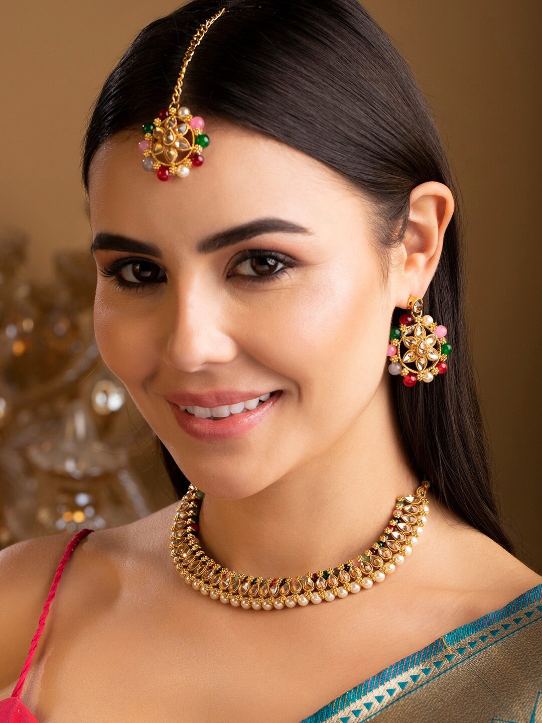 

Rubans Gold-Plated Red & Green Kundan Beaded Jewellery Set