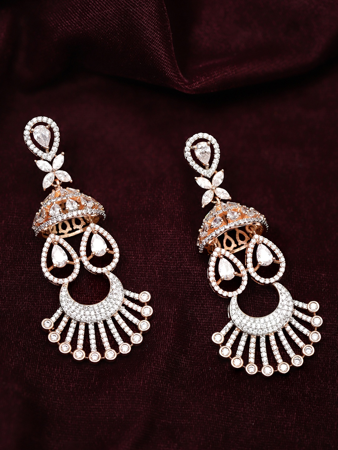 

Rubans White & Rose Gold-Plated AD Studded Crescent Shaped Drop Earrings