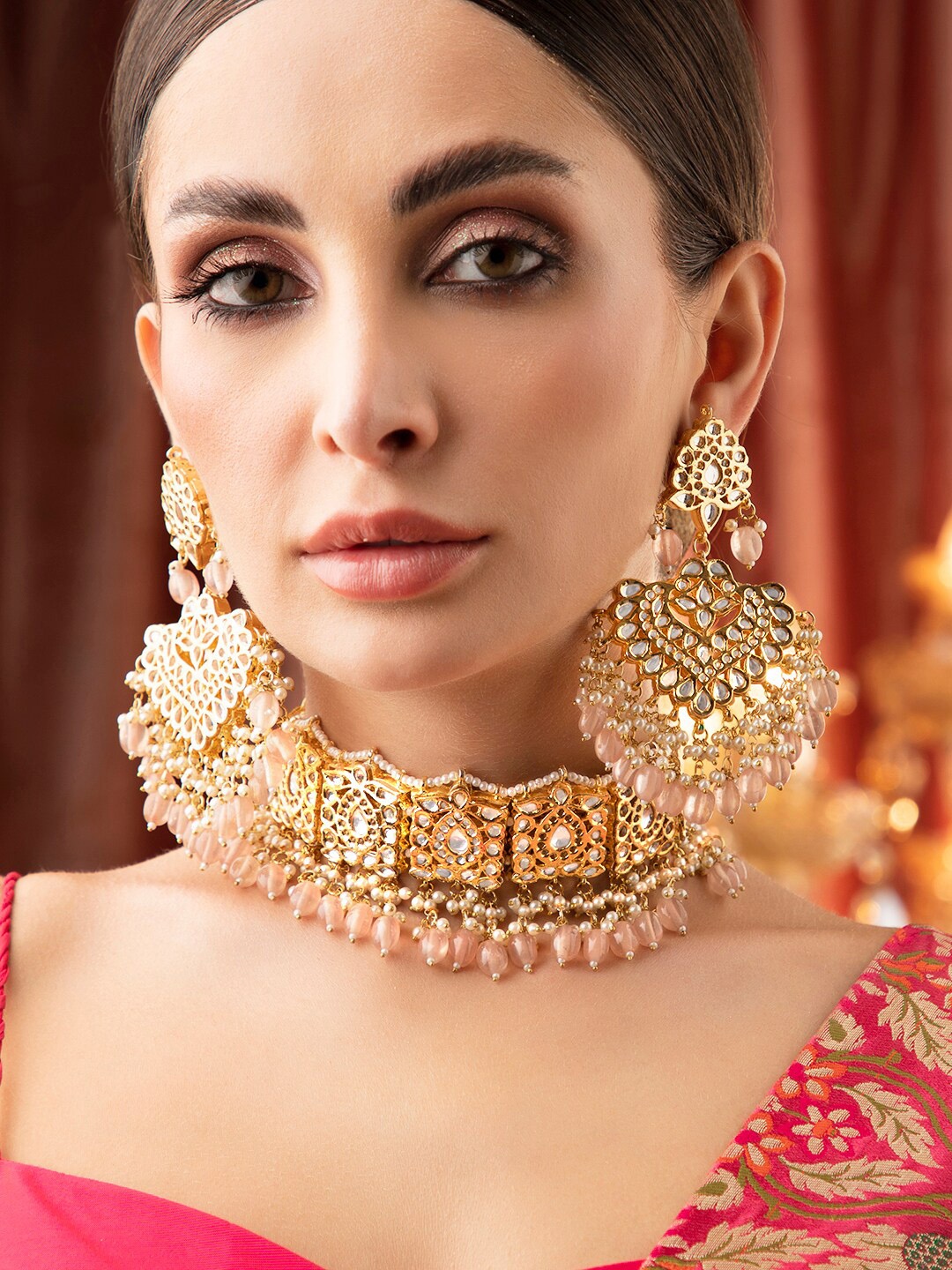 

Rubans Gold-Plated Pink & White Kundan Studded Jewellery Set