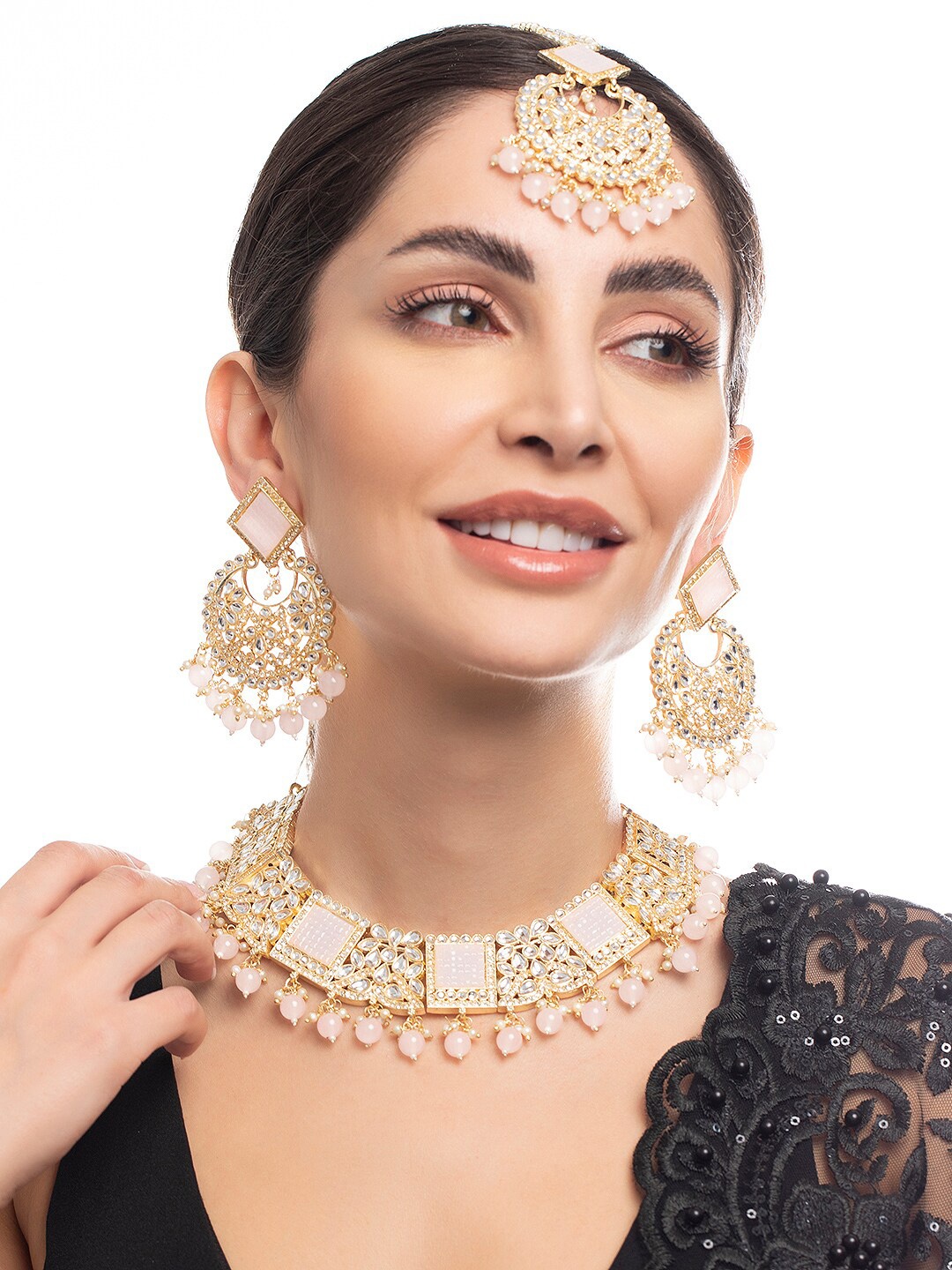 

Rubans Gold-Plated & Pink Kundan Studded Jewellery Set