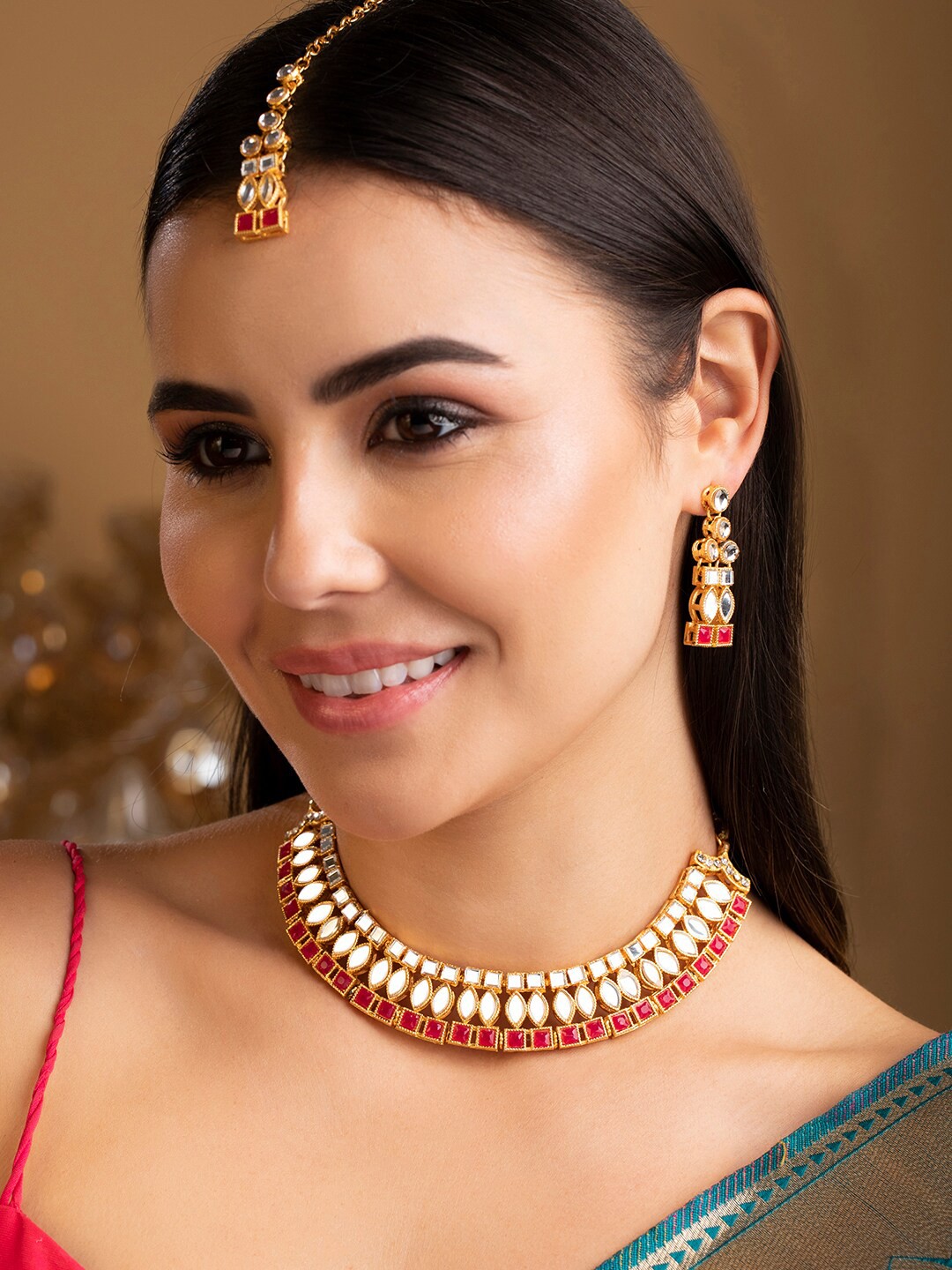 

Rubans Gold-Plated Red & White Stone-Studded Jewellery Set