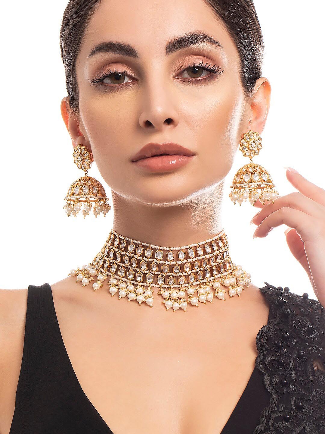 

Rubans 22K Gold Plated & White Stones-Studded Pearls Beaded Jewellery Set
