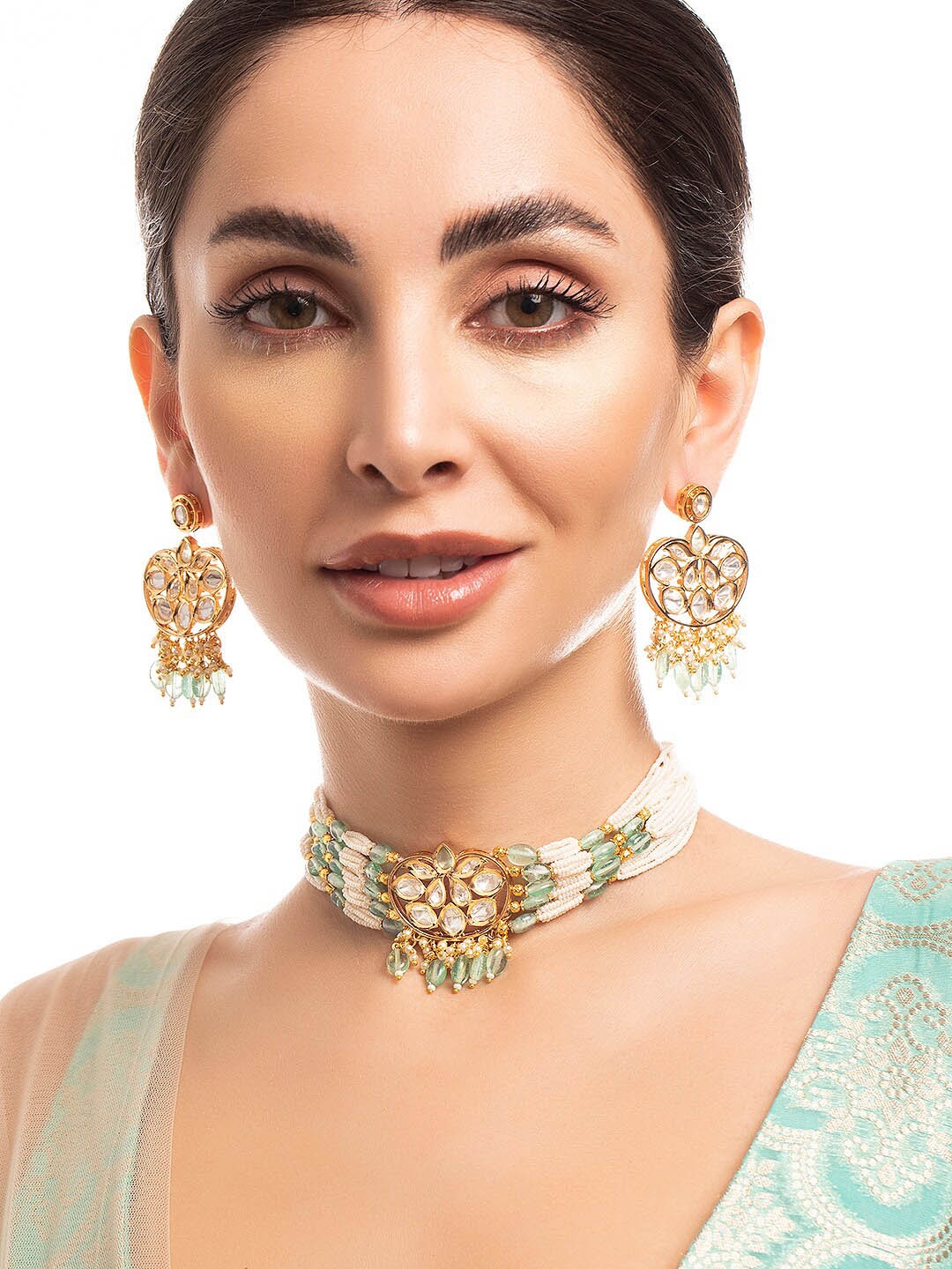 

Rubans Gold-Plated White & Green Kundan-Studded Pearl Beaded Choker Jewellery Set