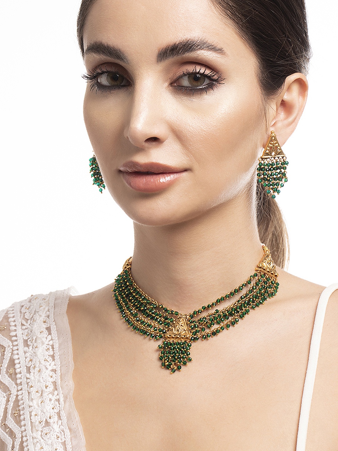 

Rubans 24K Gold Plated Green Beaded Multilayer Traditional Temple Necklace & Earring Set