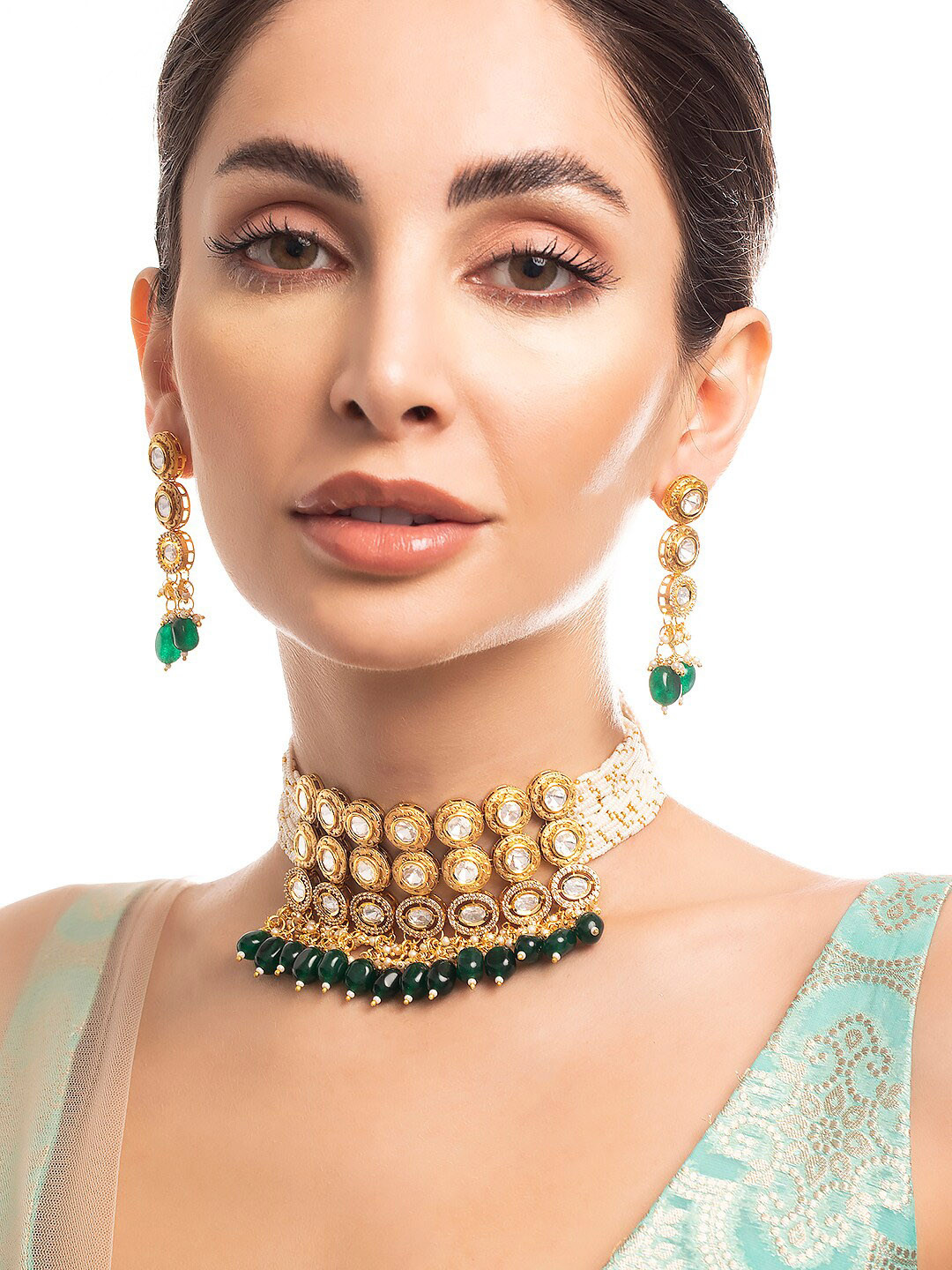 

Rubans Green & White Gold-Plated Stone-Studded Jewellery Set