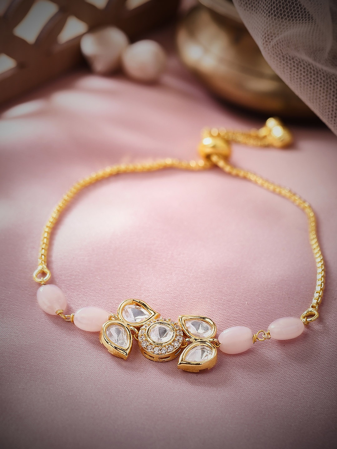 

Rubans Women Pink & White Kundan Gold-Plated Link Bracelet