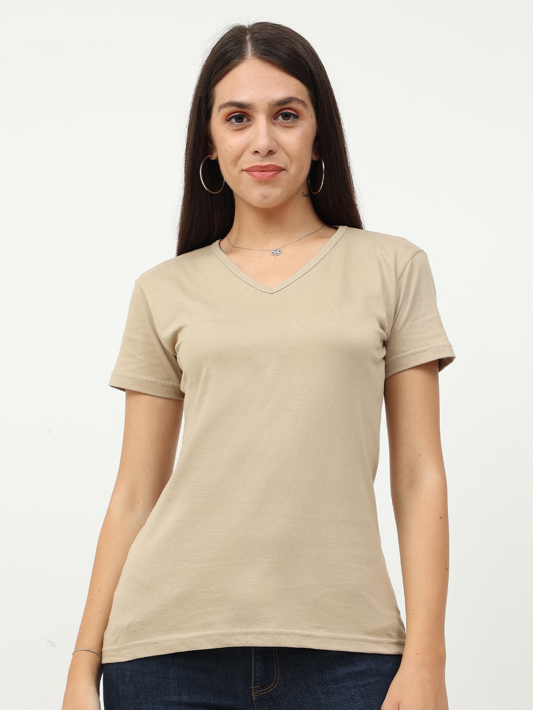 

Fleximaa Women Beige V-Neck T-shirt