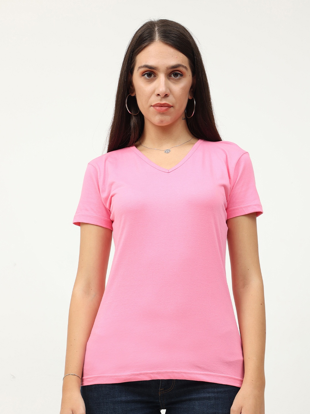 

Fleximaa Women Pink V-Neck Cotton T-shirt