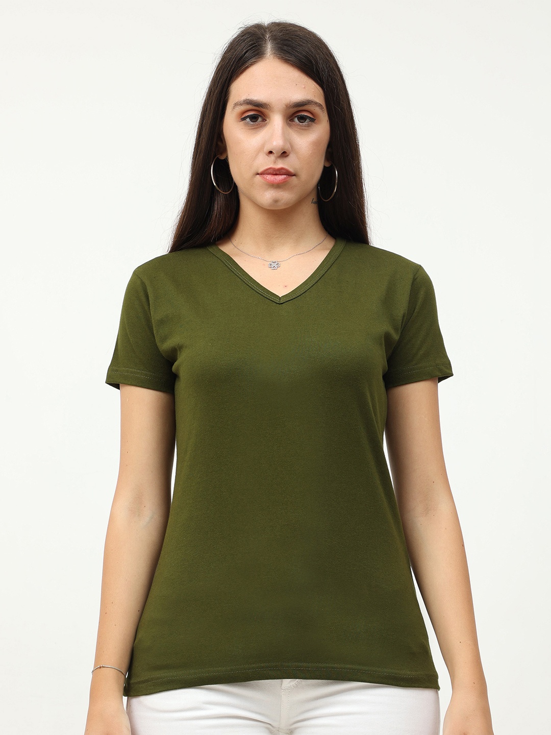 

Fleximaa Women Olive Green V-Neck Cotton T-shirt