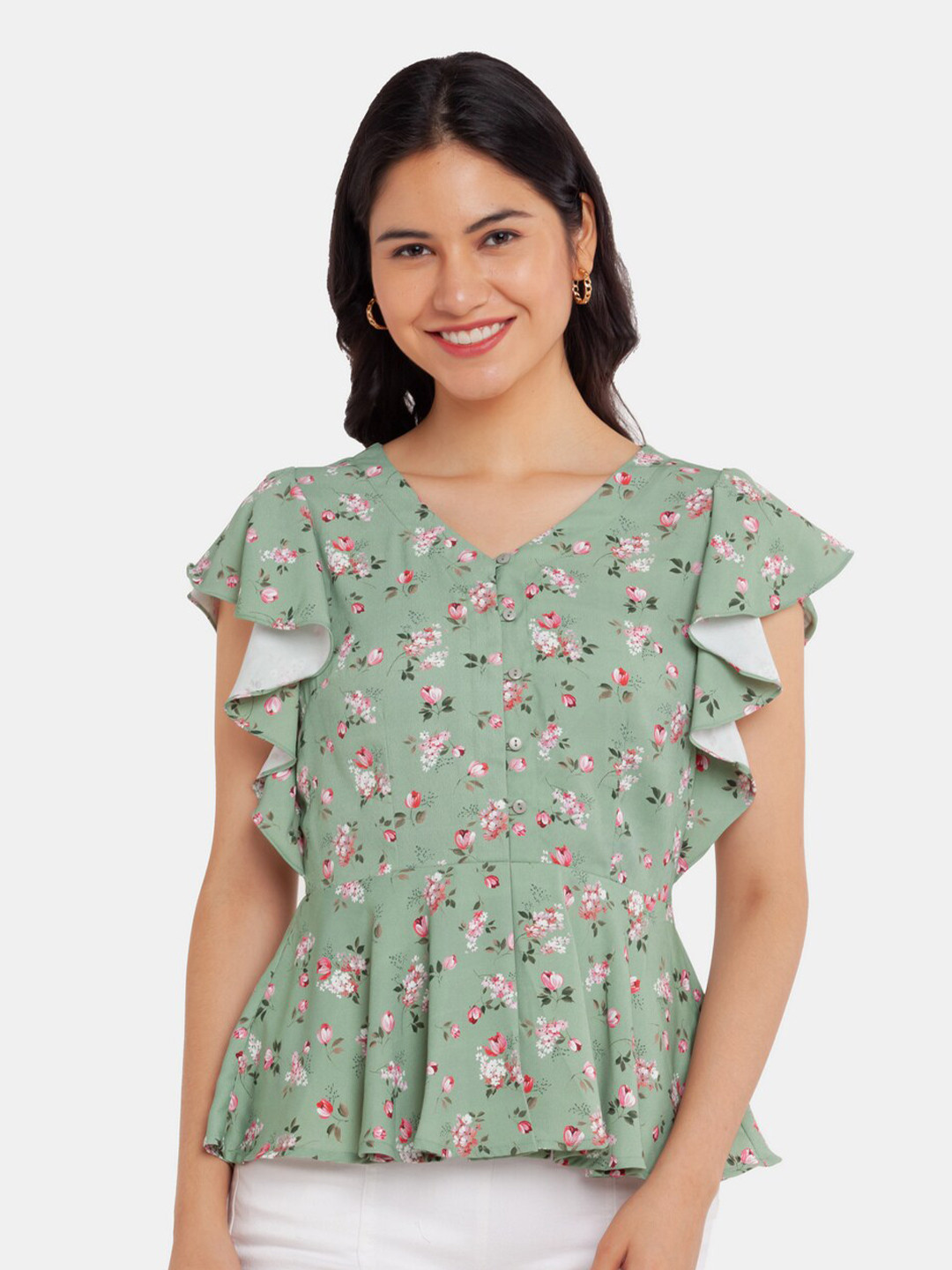 

Zink London Green Floral Print Top