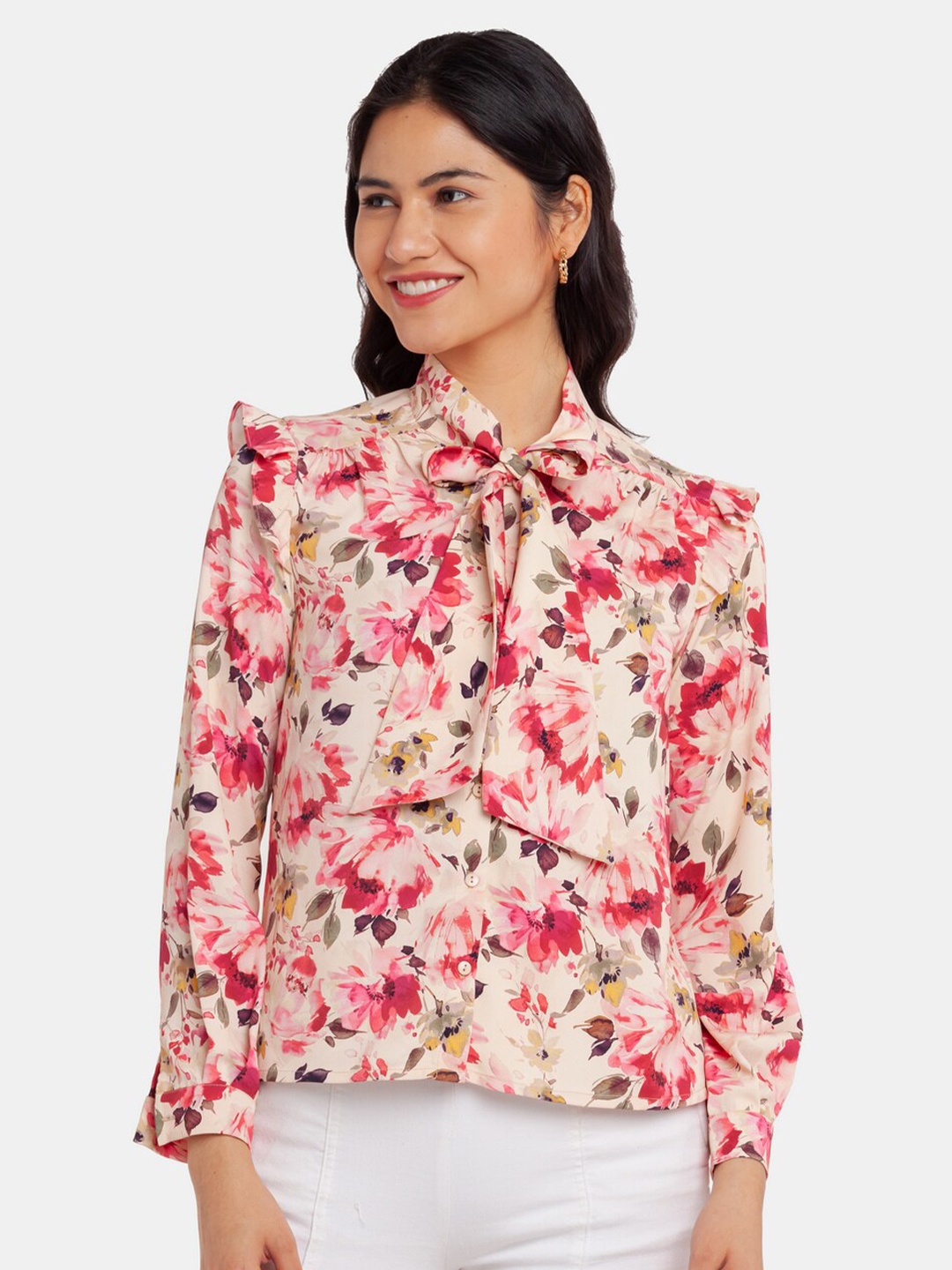 

Zink London Women Off White Floral Print Shirt Style Top