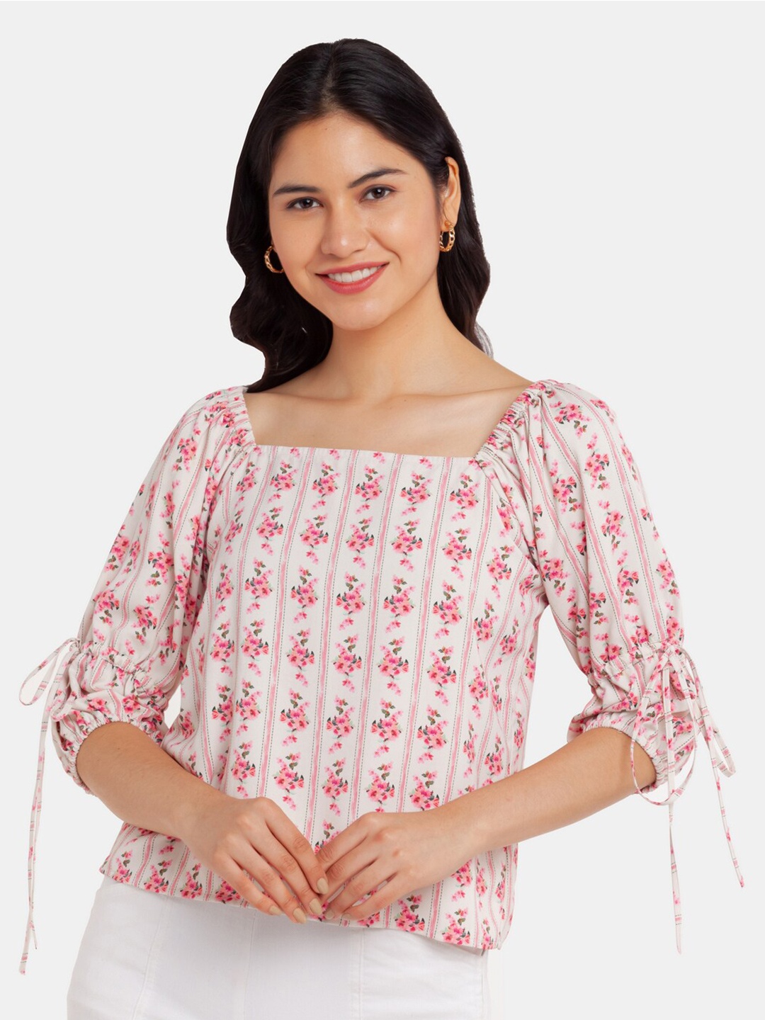

Zink London White & Pink Floral Print Top