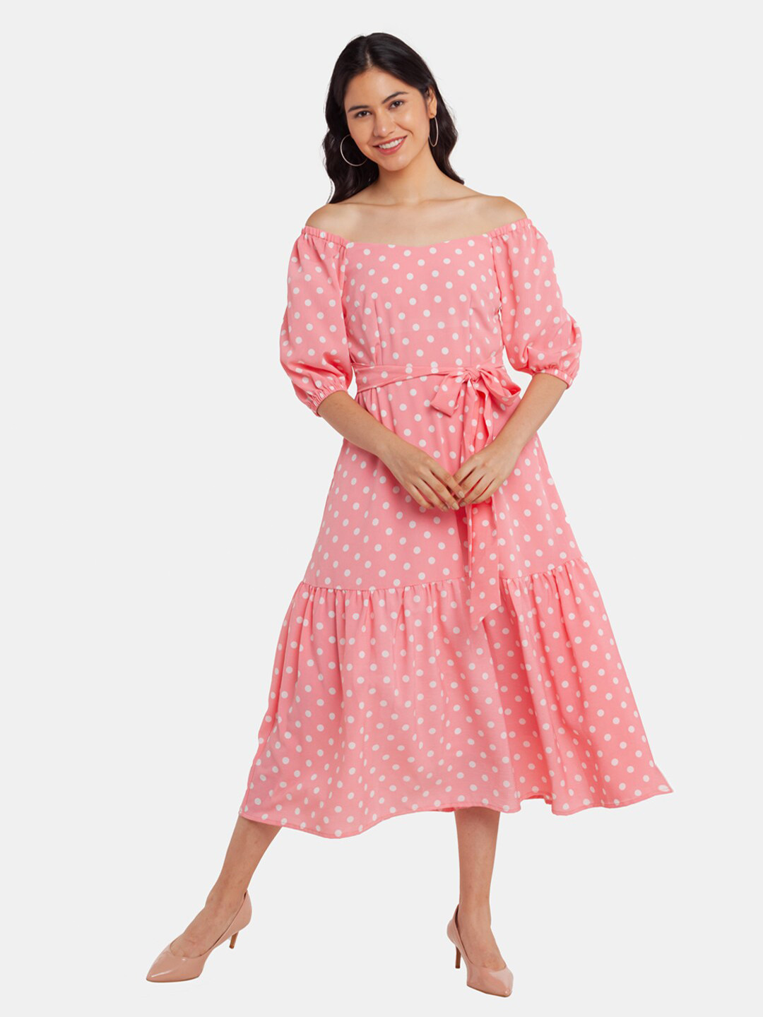 

Zink London Women Pink & White Off-Shoulder A-Line Midi Dress