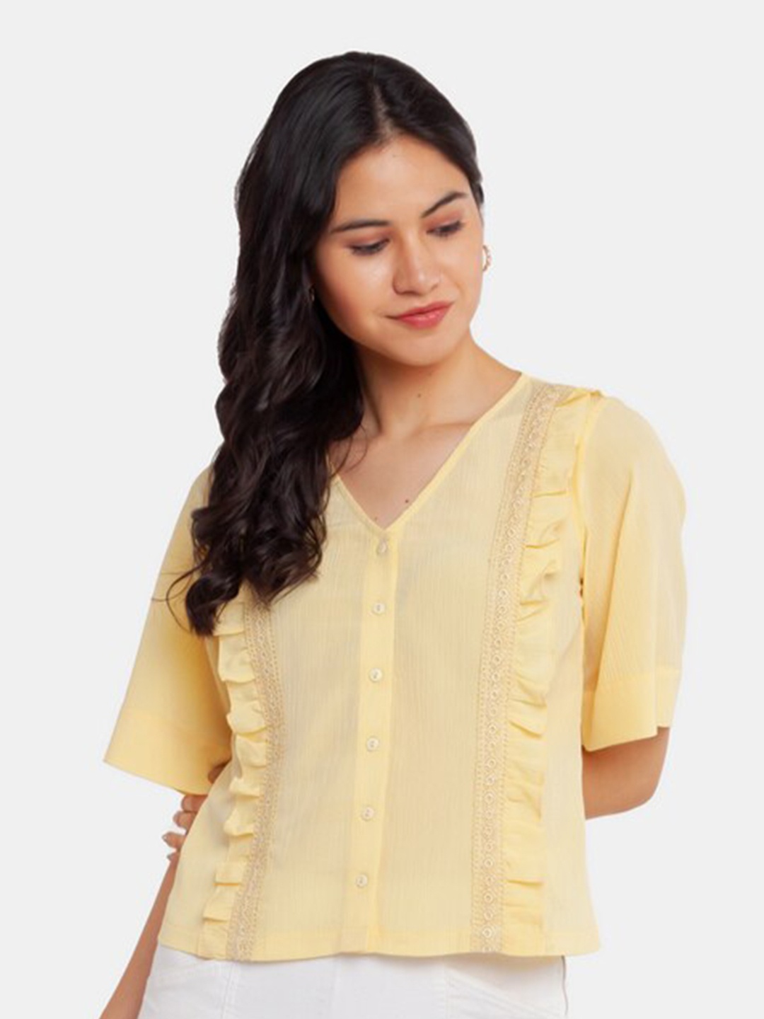 

Zink London Women's Yellow Solid Ruffle Top