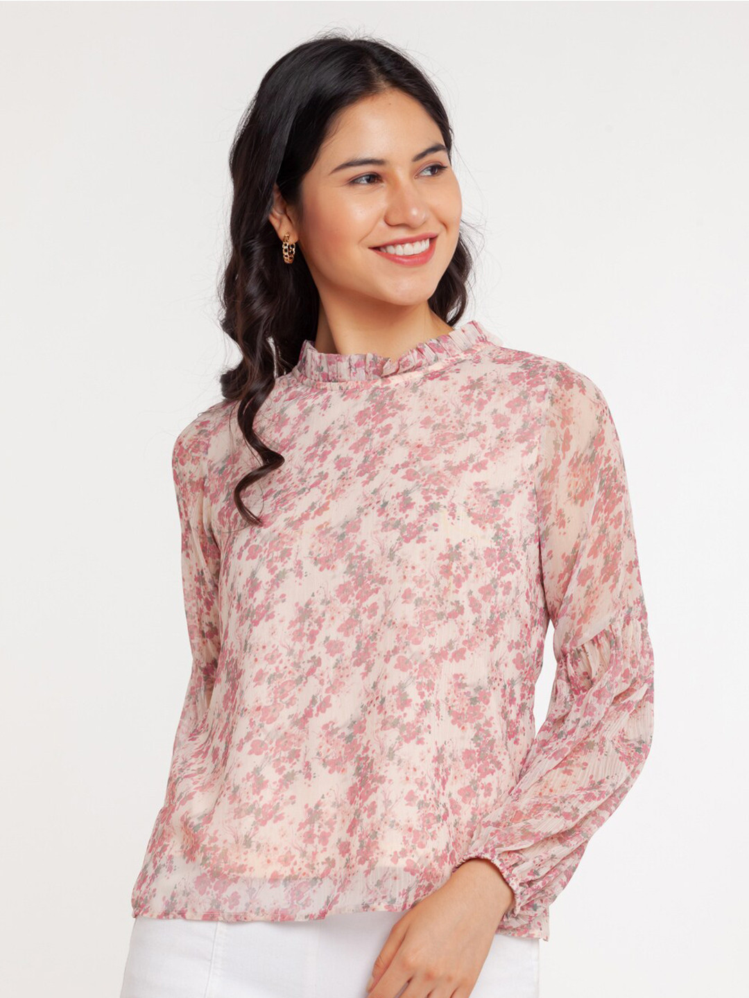 

Zink London Women Off White Print Mandarin Collar Top