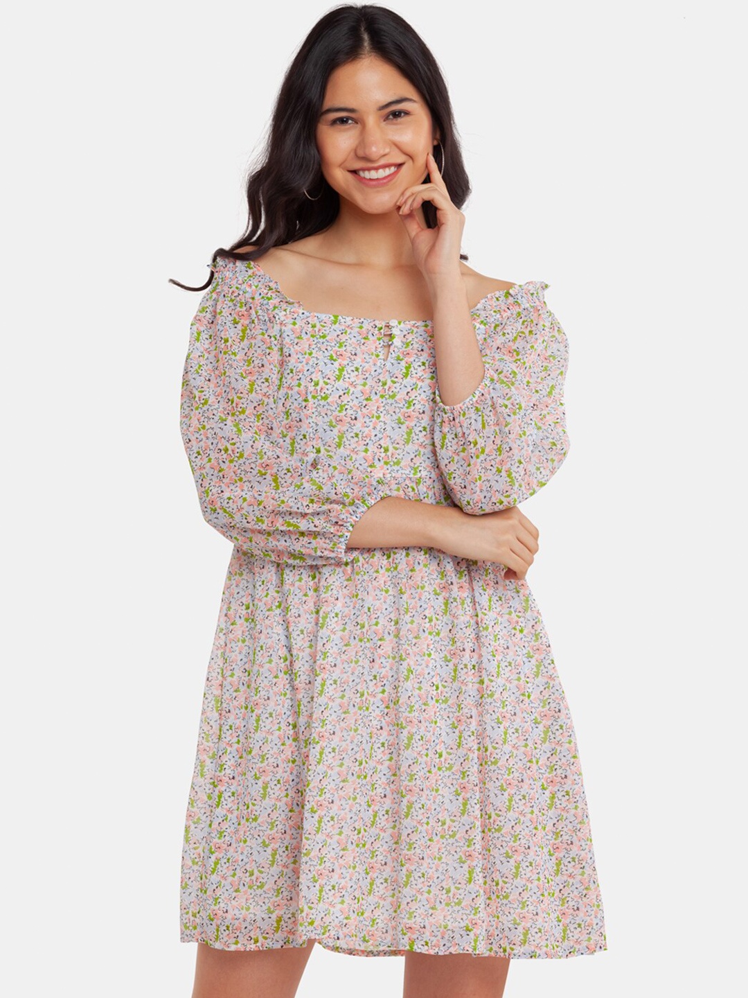 

Zink London Off White Floral Off-Shoulder Dress