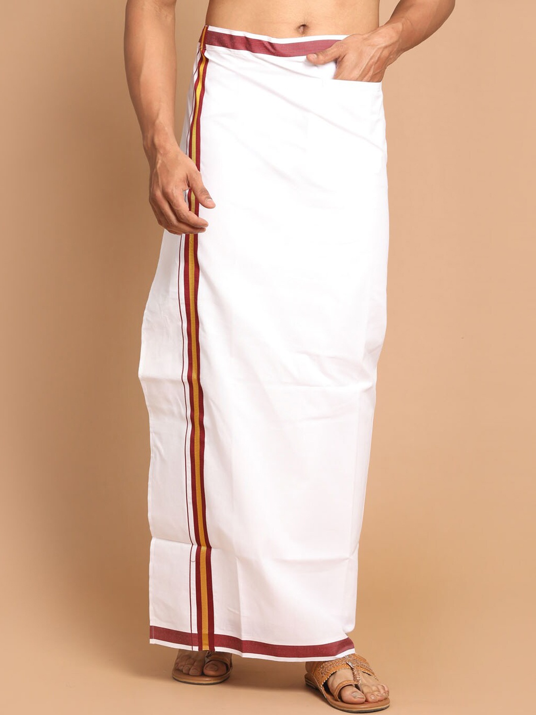 

VASTRAMAY Men White & Maroon Solid Cotton Dhoti