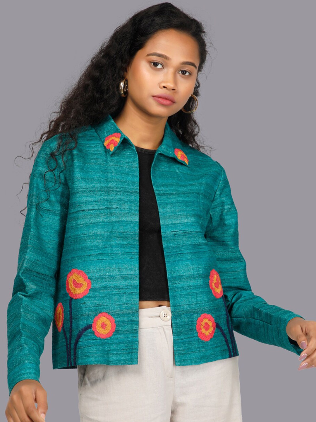 RENTIYO Women Teal Striped Crop Tailored Jacket with Embroidered