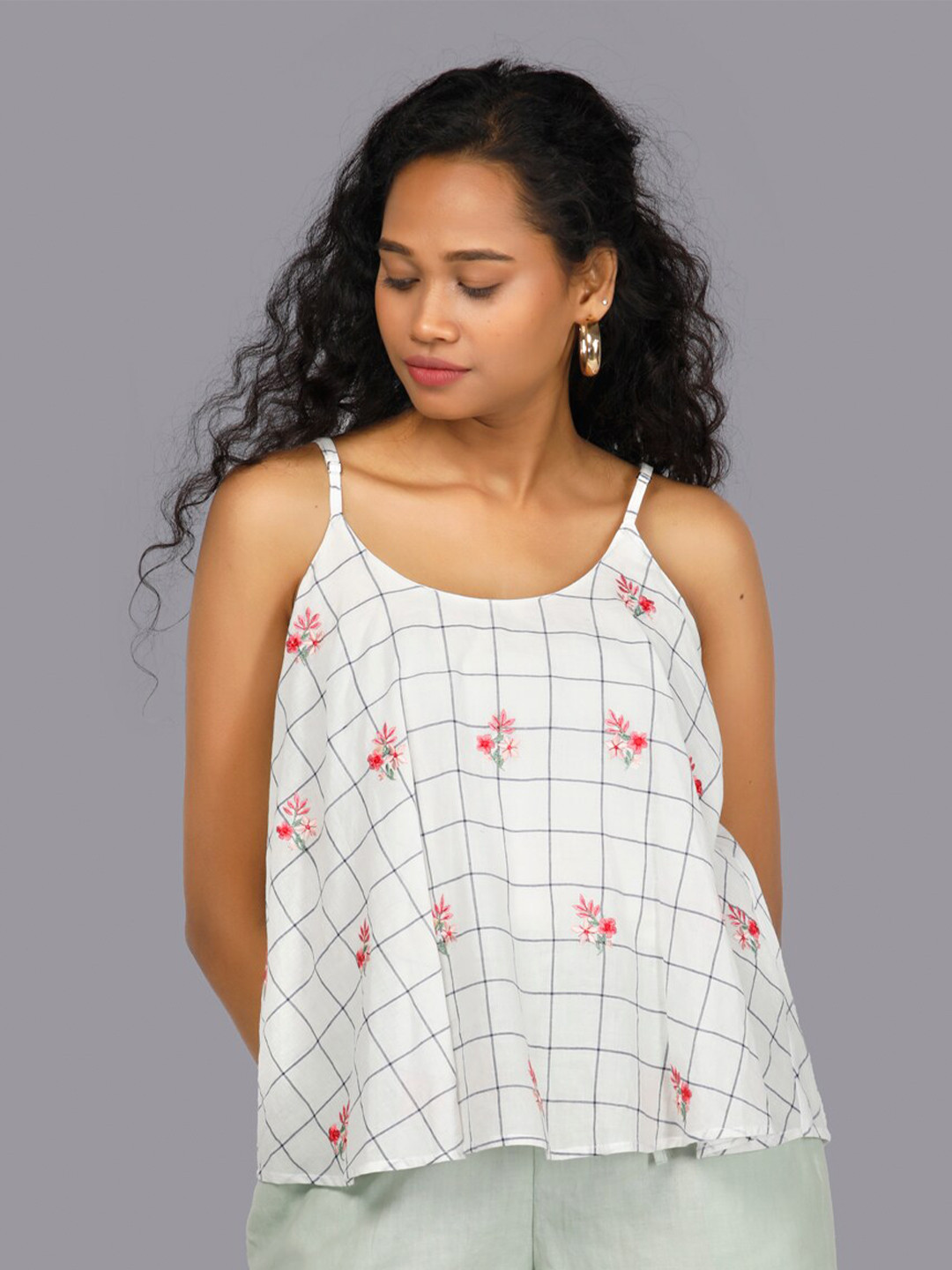 

RENTIYO Women White Checked Organic Cotton Top