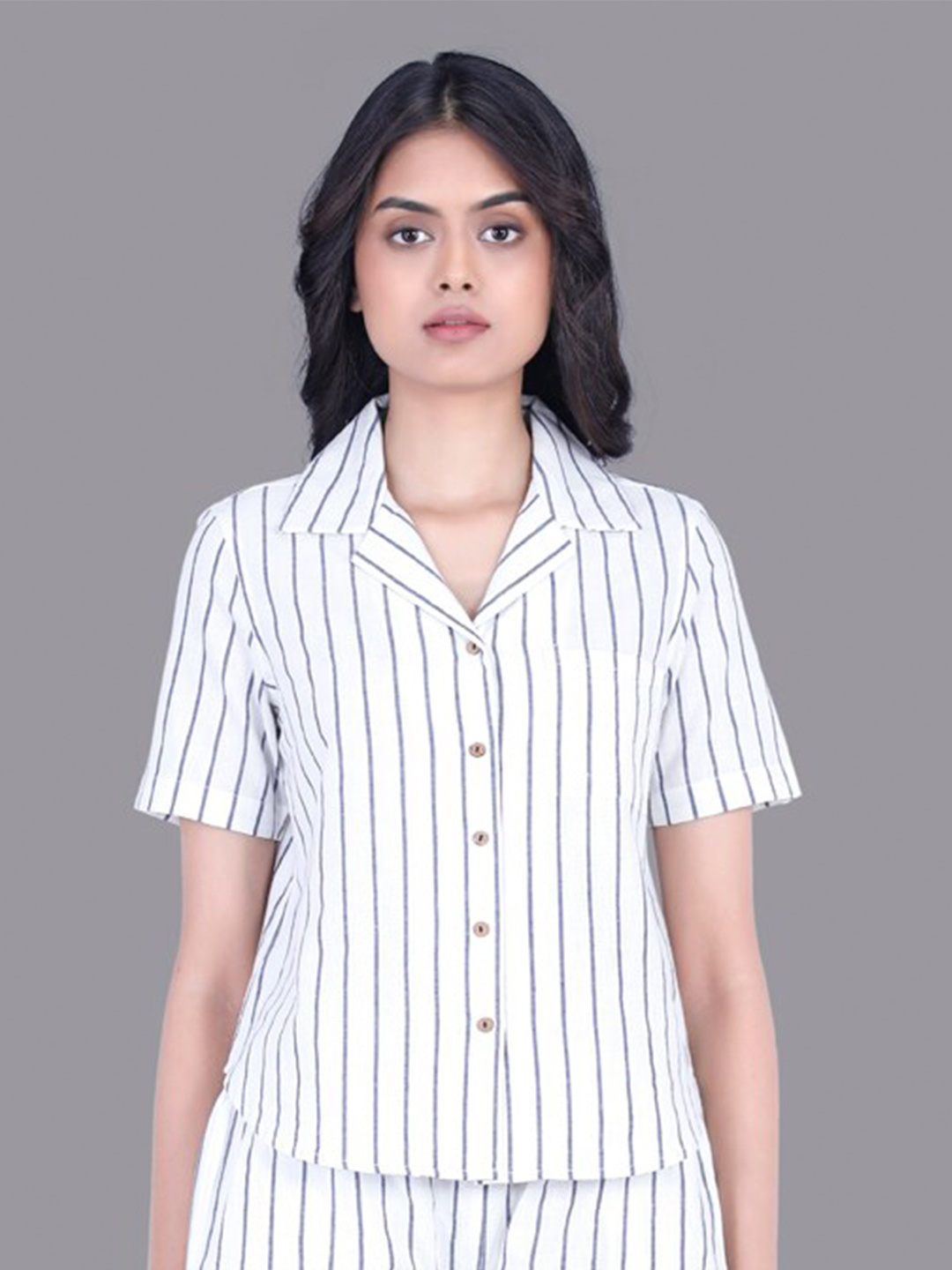 

RENTIYO Women White Classic Striped Casual Shirt