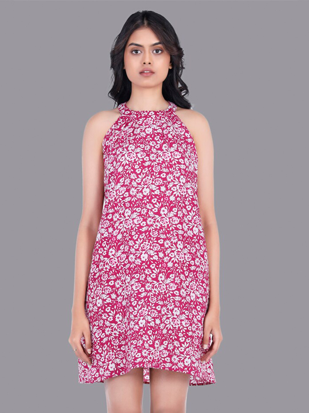 

RENTIYO Pink & White Floral Halter Neck A-Line Dress