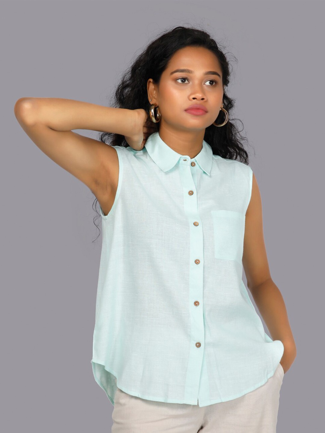 

RENTIYO Women Blue Solid Classic Casual Shirt