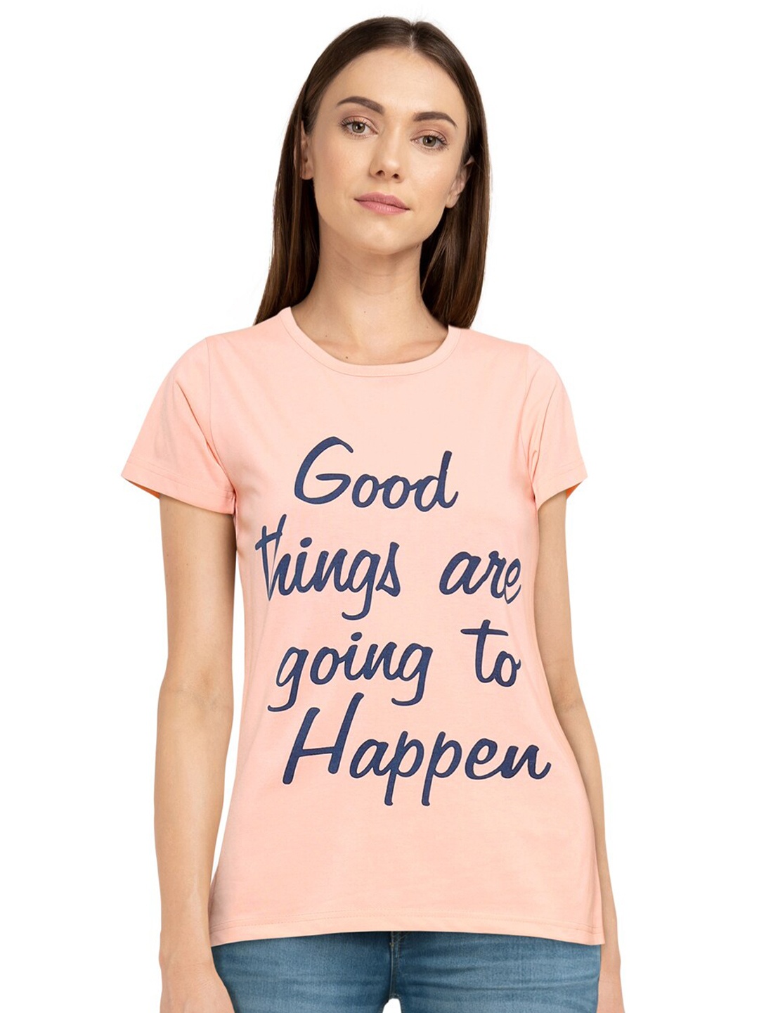 CHOZI Women Pink & Blue Typography Printed T-shirt