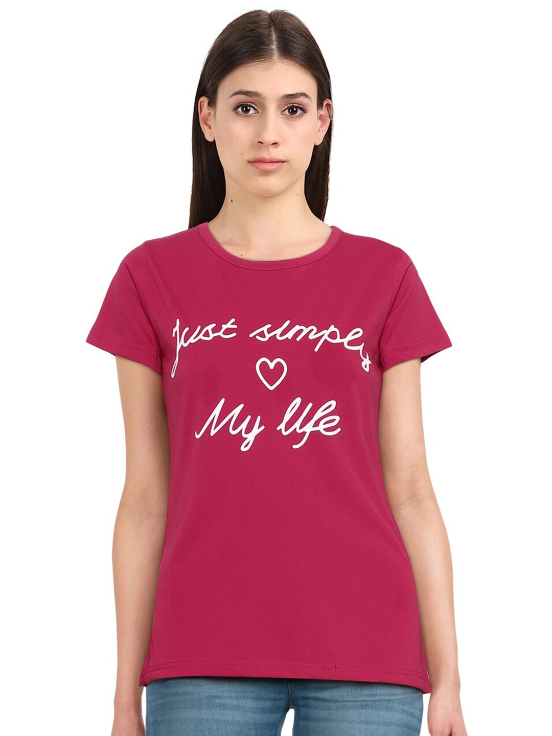 CHOZI Women Red Typography Printed Bio Finish T-shirt