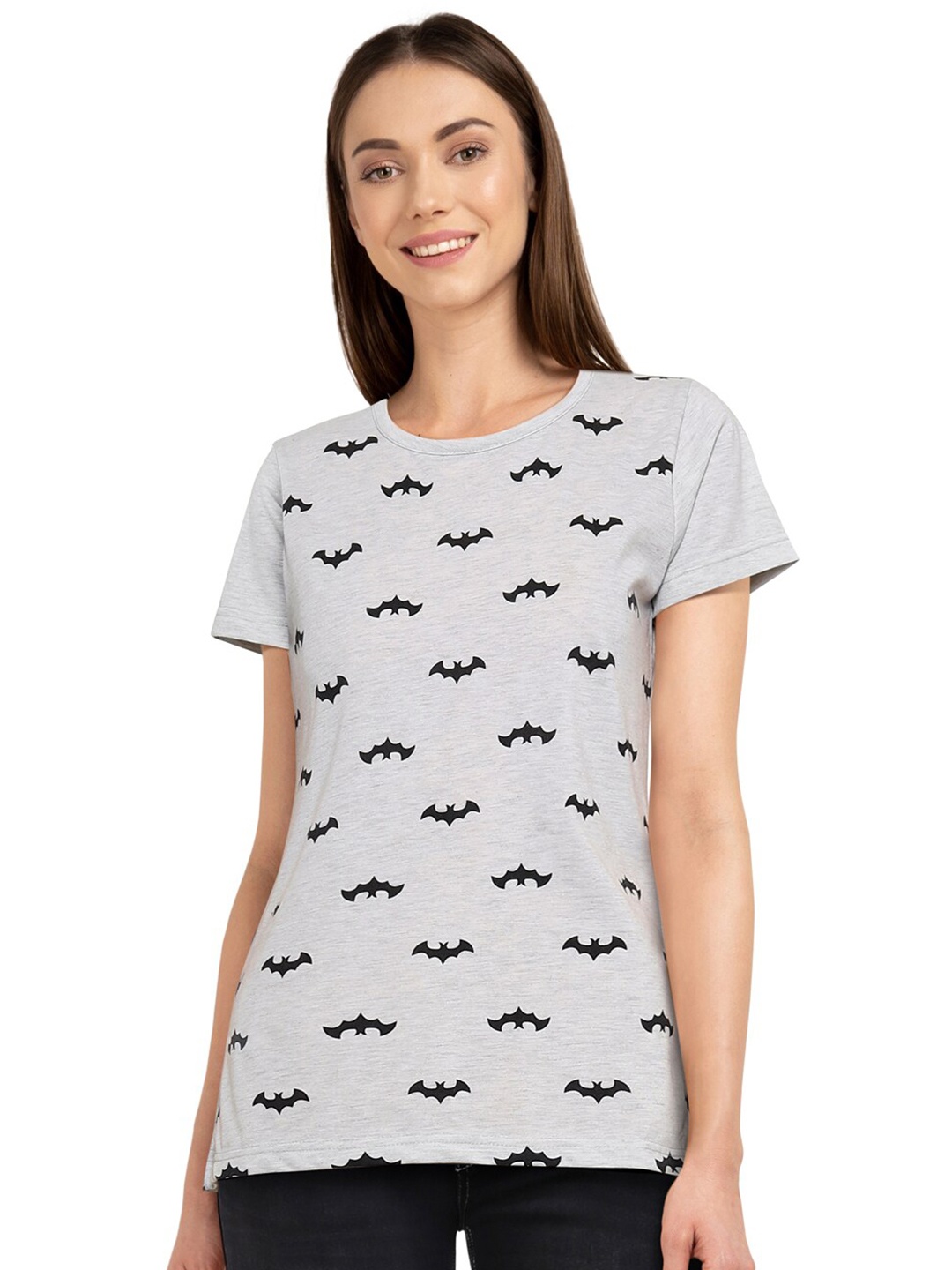 

CHOZI Women Grey & Black Printed Round Neck T-shirt