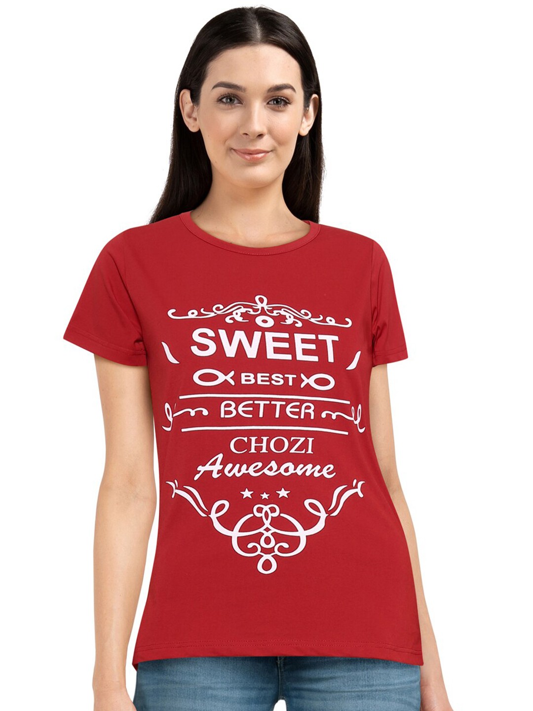 

CHOZI Women Red Typography Printed Bio Finish T-shirt
