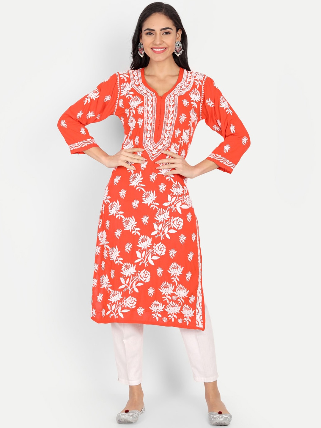 

Indiankala4u Women Orange Floral Printed Chikankari Kurta