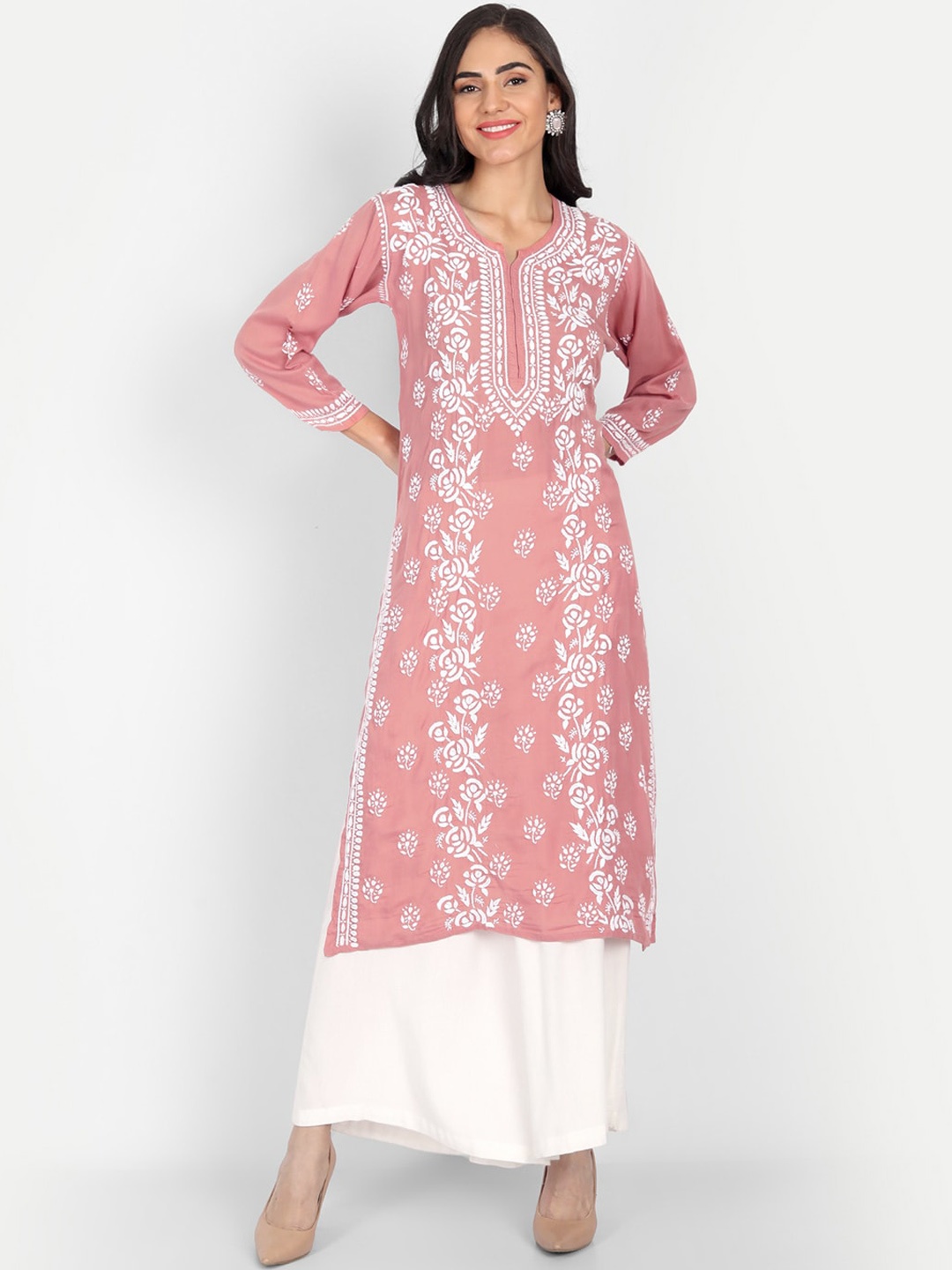 

Indiankala4u Women Coral Ethnic Motifs Embroidered Chikankari Kurta