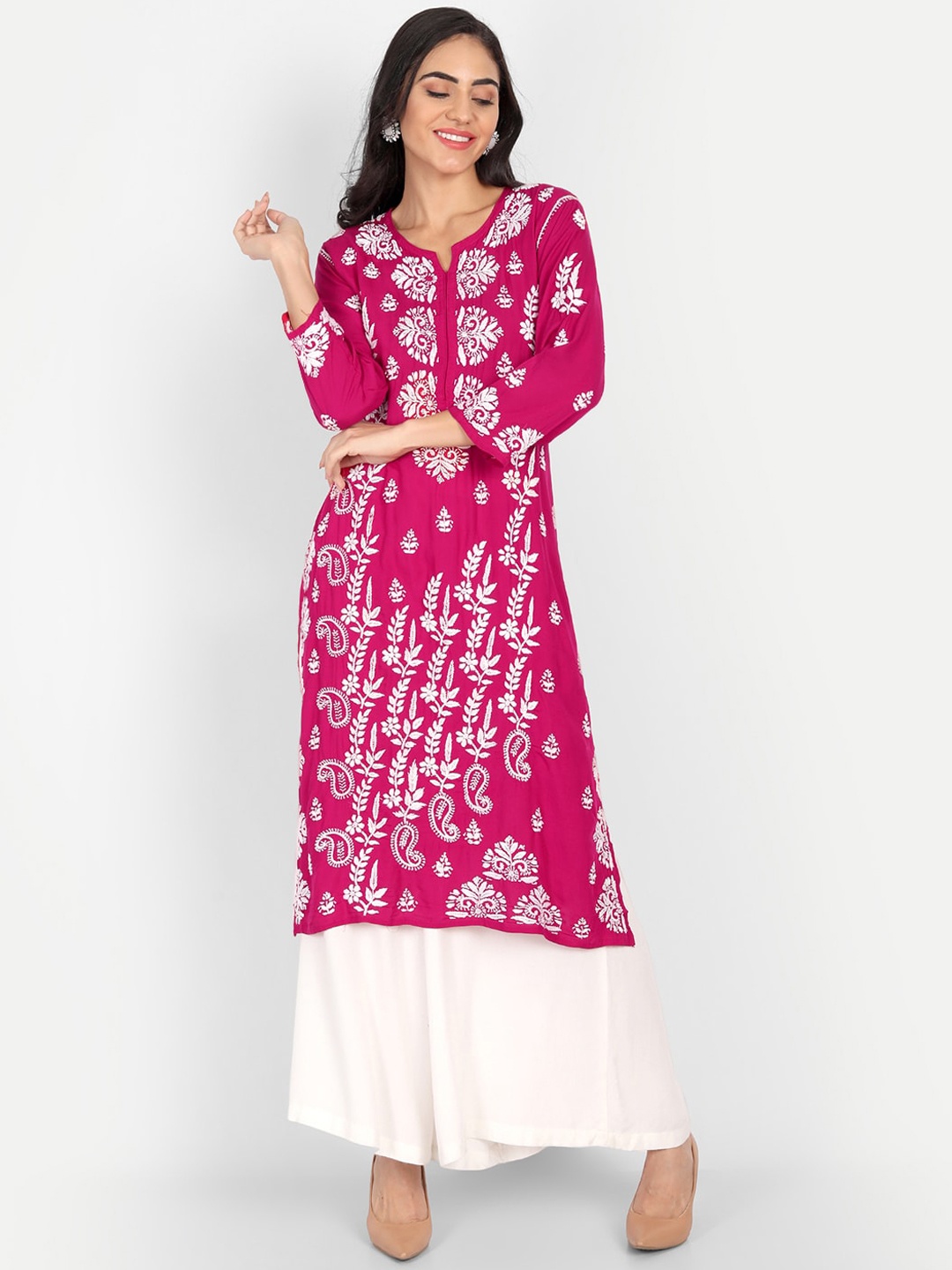 

Indiankala4u Women Pink & White Ethnic Motifs Embroidered Chikankari Kurta