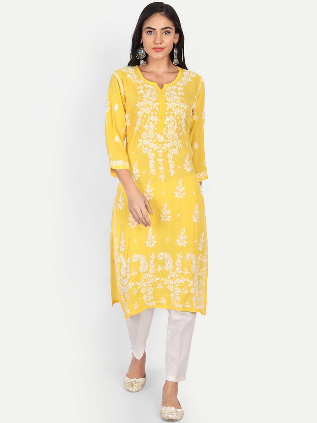 

Indiankala4u Women Yellow Ethnic Motifs Chikankari Embroidered Kurta