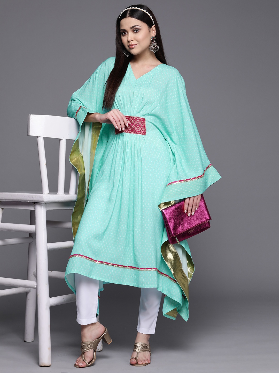 

Ahalyaa Women Blue Flared Sleeves Gotta Patti Kaftan Kurta