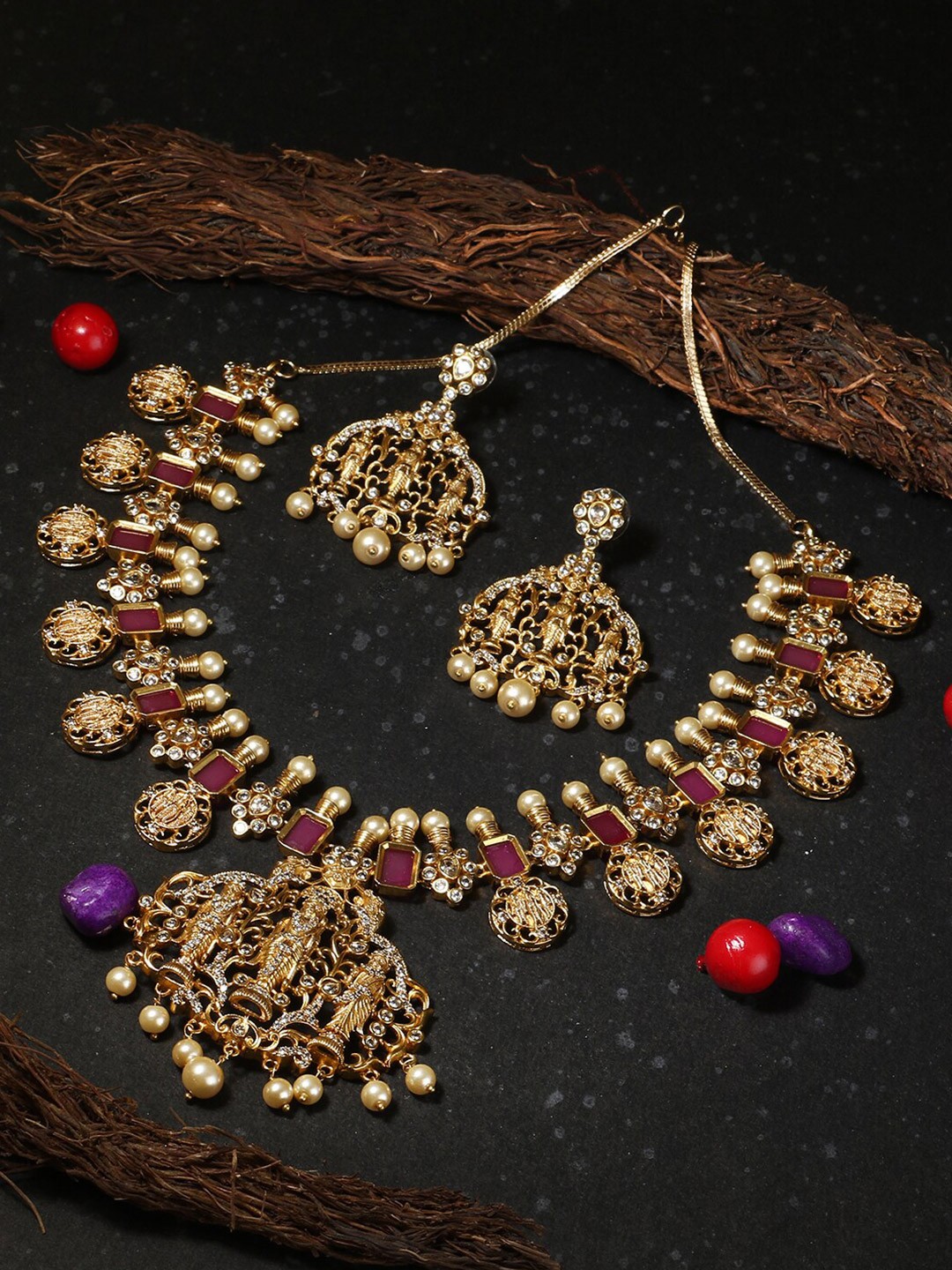 

Adwitiya Collection 24CT Gold-Plated Red Stone Studded Temple Jewellery Set