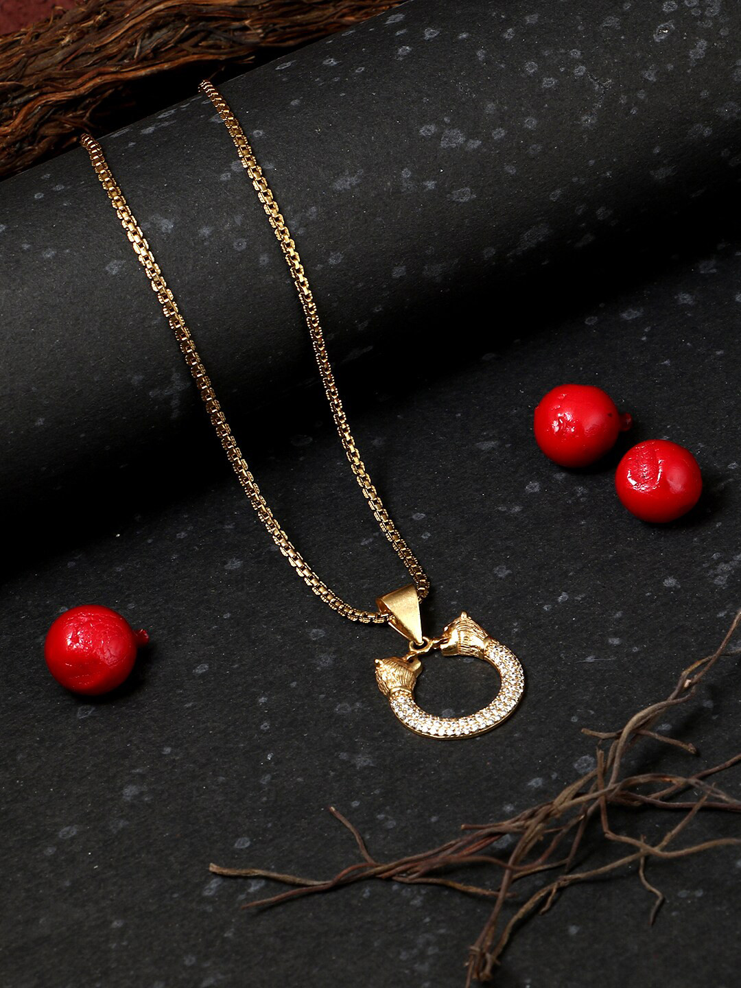 

Adwitiya Collection Women Gold-Plated Handcrafted Chain with Stone Studded Lion Pendent