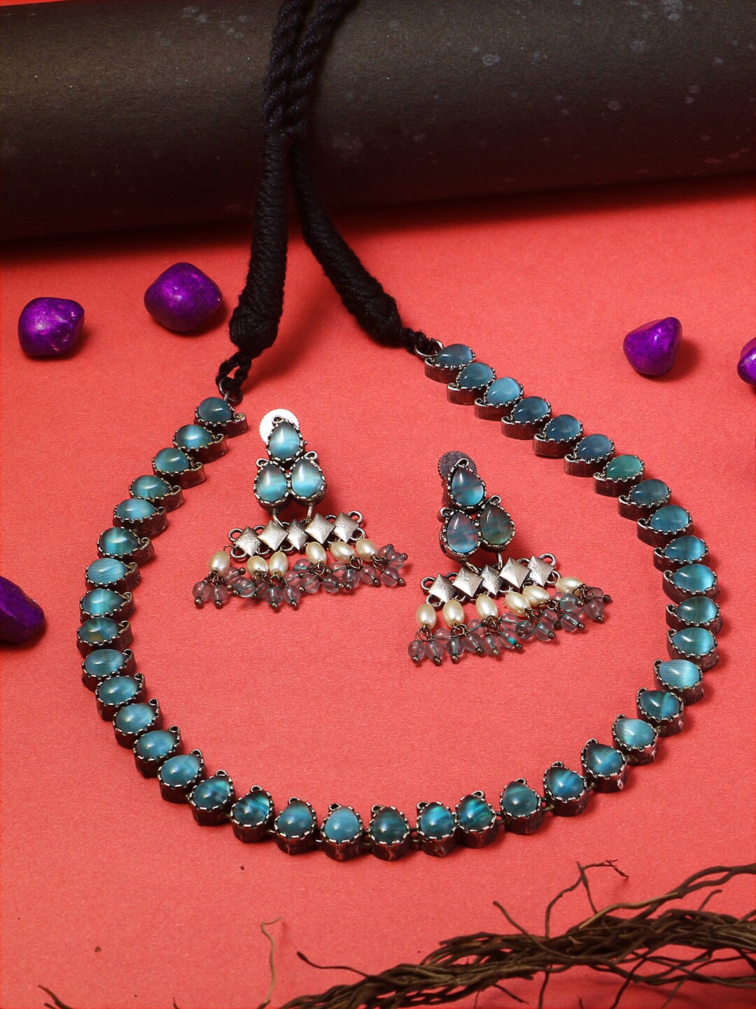 

Adwitiya Collection Women Oxidized Silver-Plated Blue Stone Jewelry Set