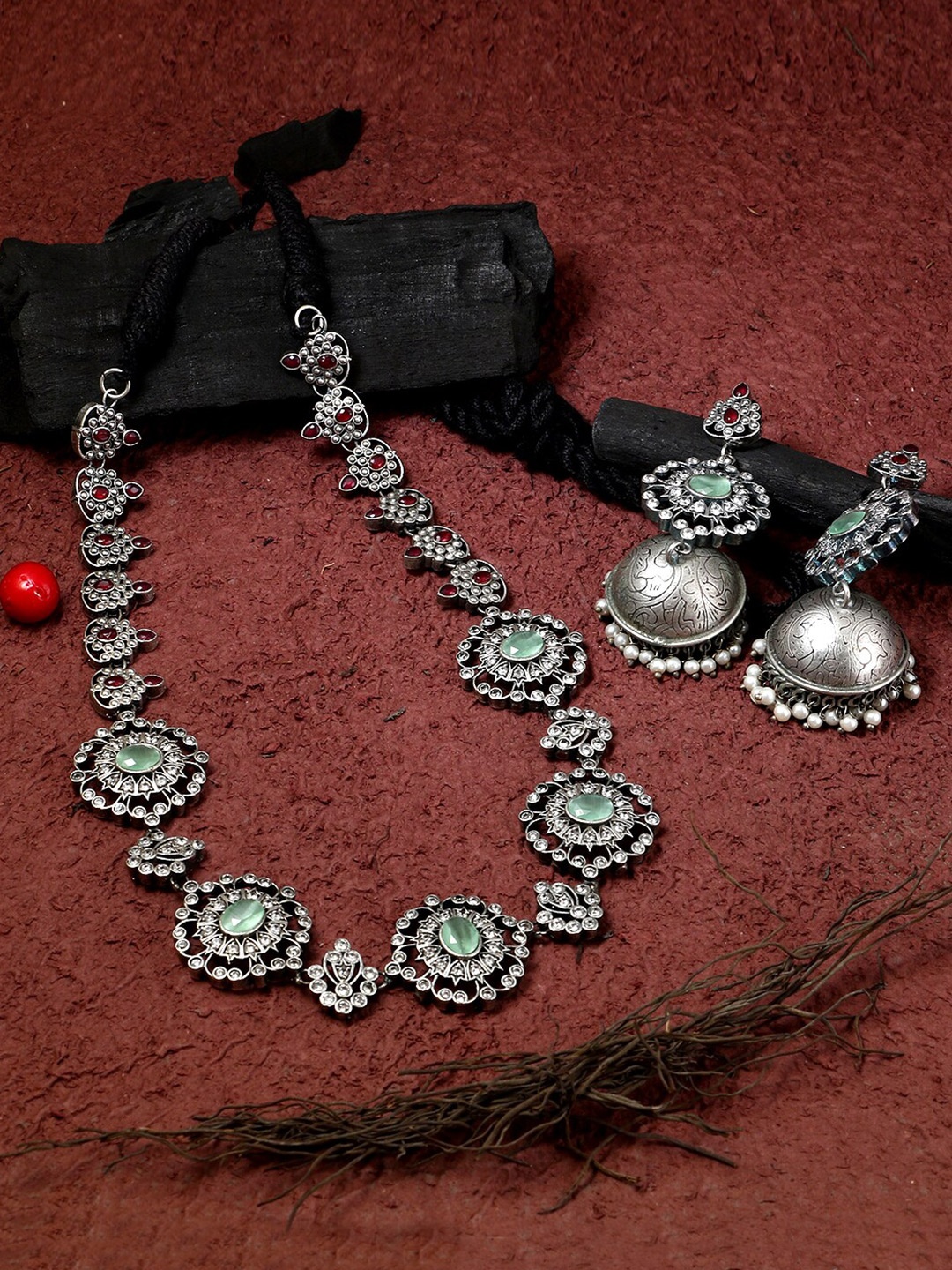 

Adwitiya Collection Oxidized Silver-Plated Green Jewelry Set