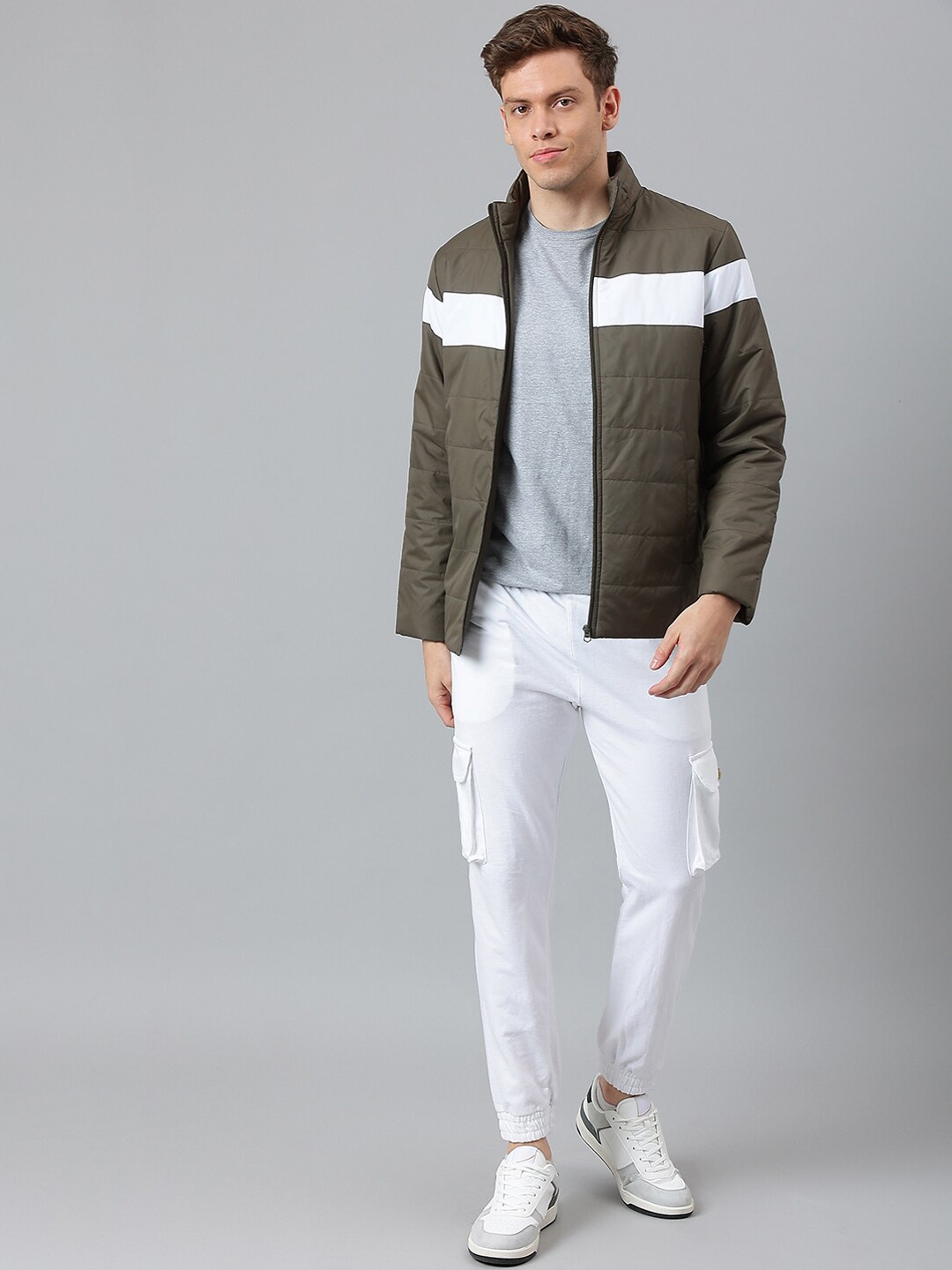 

Hubberholme Men Olive Green & White Colourblocked Lightweight Outdoor Puffer Jacket