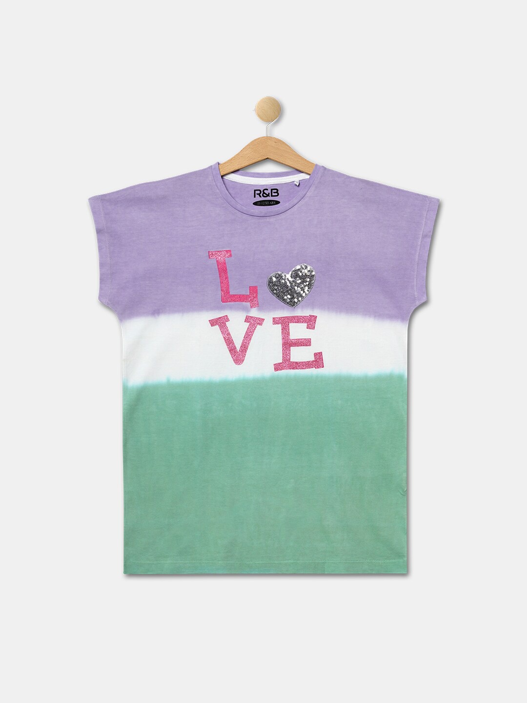 

R&B Girls Purple & Green Typography Dyed Extended Sleeves Applique T-shirt