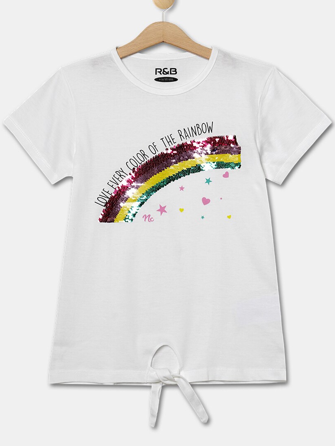 

R&B Girls White Printed V-Neck Applique T-shirt