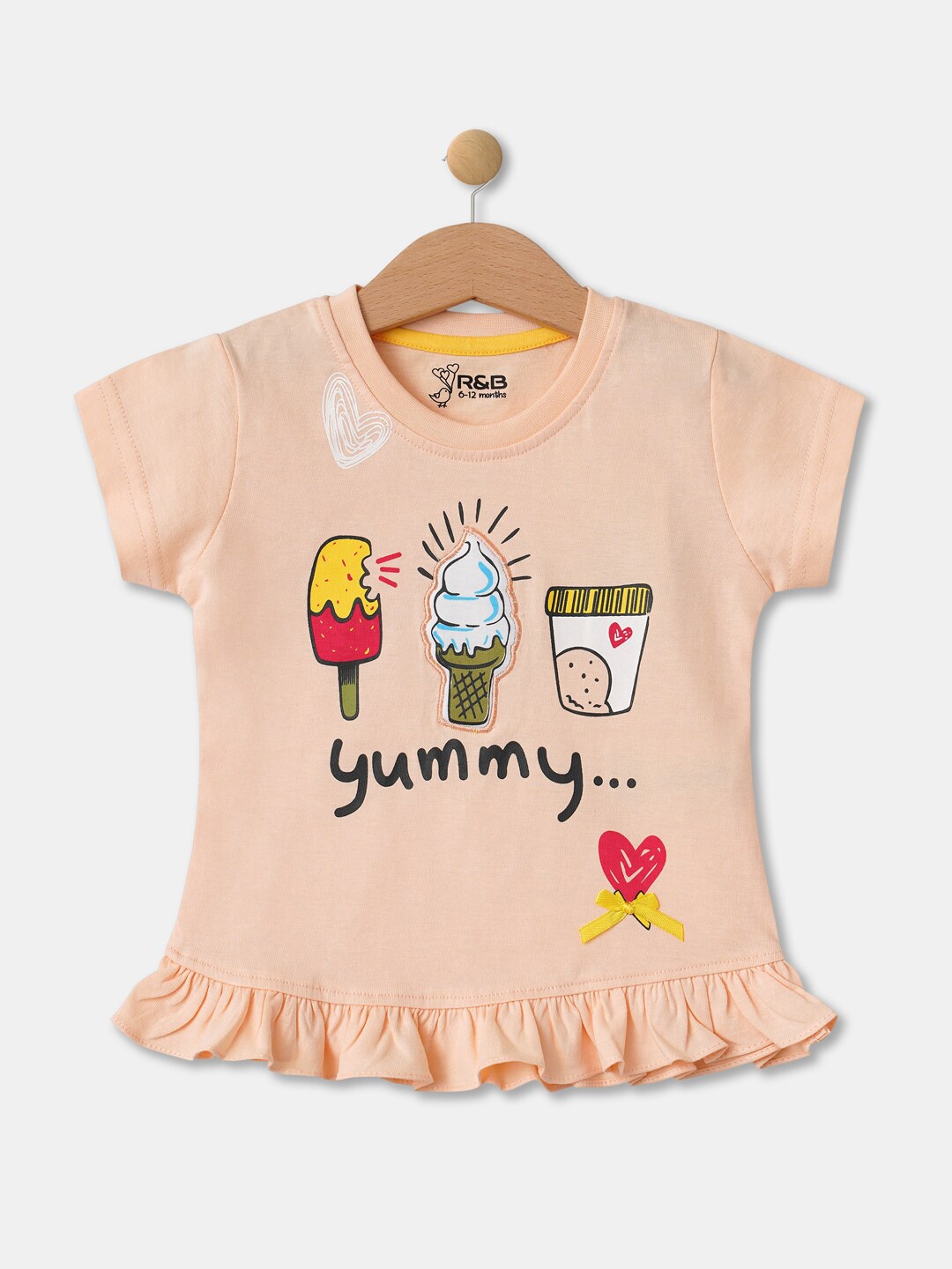 

R&B Girls Peach-Coloured V-Neck Extended Sleeves Raw Edge T-shirt