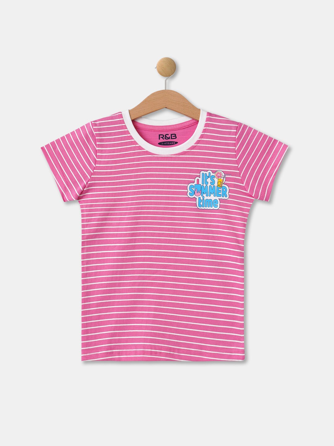 

R&B Girls Pink Striped Extended Sleeves Applique T-shirt
