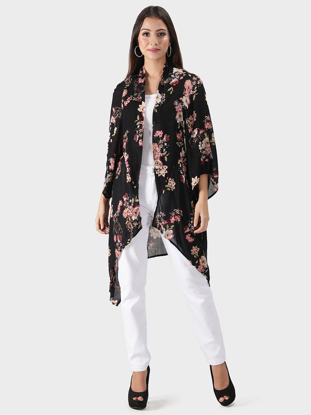

DEBONATELLA Women Black & Pink Printed Embellished Longline Shrug