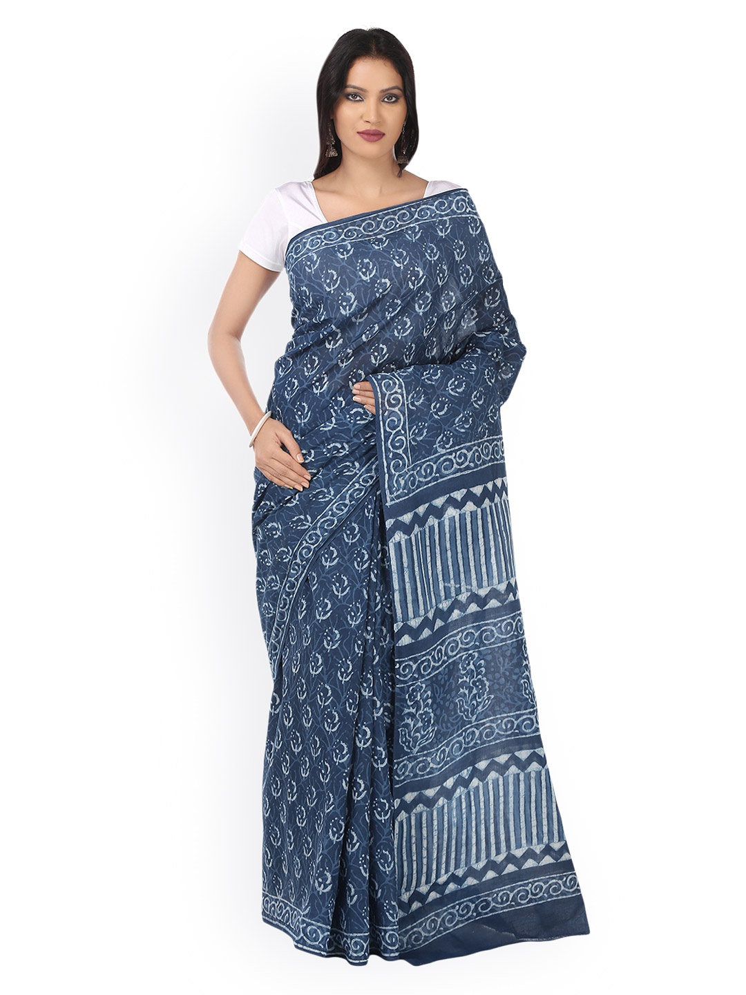 

Kalakari India Indigo Dabu Hand Block Print Handcrafted Cotton Sustainable Saree, Blue